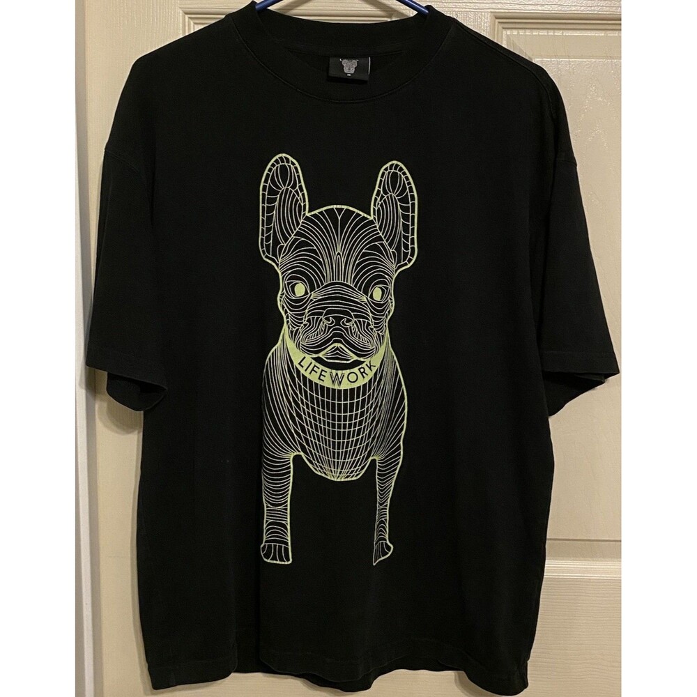 LifeWork Black Neon Green Big Radog French Bulldog Graphic T-Shirt Size Medium